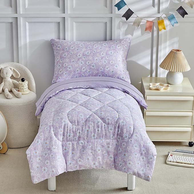 JHXHMX Floral Toddler Bedding Set for Girls,4 Piece Bed-in-a-Bag Toddler Comforter Set,Soft Crib Bed Set Including Comforter,Flat Sheet,Fitted Sheet and Pillowcase-Purple