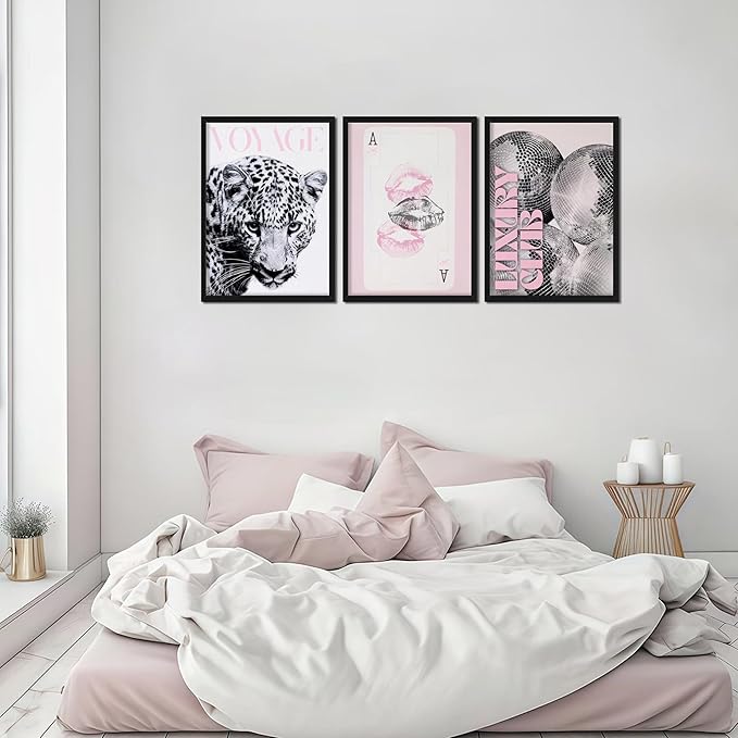 Pink Cheetah Wall Art Set of 3, Y2K Trendy Leopard Canvas Wall Decor Paintings, Preppy Black and White Cheetah Disco Posters Prints Pictures for Girly Room Bedroom Dorm 16x24 Inch Wood Framed