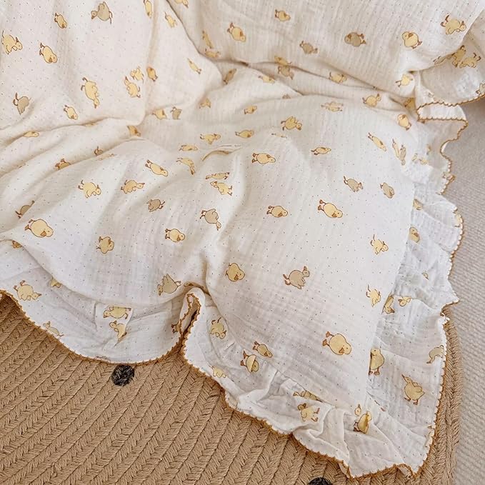 BuLuTu Cute Yellow Duck Print Duvet Cover Twin for Kids Toddler Girls Boys 100% Cotton Muslin Quilt Cover Twin, 68"x86", Ruffled Bedding Soft Breathable, Zipper Closure, No Pillowcase