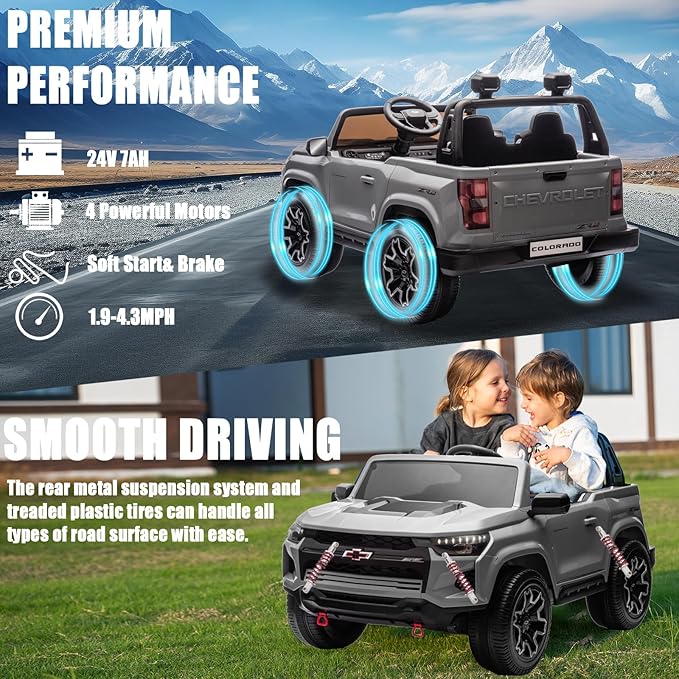 POSTACK 24V Official License Chevrolet Kids Ride On Car Side by Side 2-Seater Truck Battery Powered 4 Wheel with Remote Control Electric Car UTV Truck Car Children Toy Gifts for Boys and Girls Gray