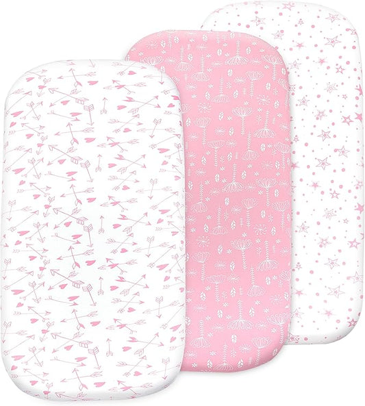 Bassinet Sheets Girl– 3-Pack Soft Fitted Bassinet Sheets, Organic Cotton, Breathable & Cozy, Fits 32x16x4 Inch Rectangle, Oval & Hourglass Mattresses (Pink Stars)