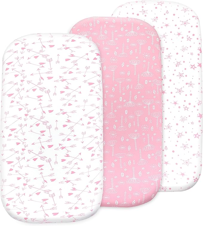 3 Pack Organic Bedside Bassinet Sheets Compatible with Mika Micky, Baby Delight, Dream On Me, AMKE and Other Bassinet Mattress Pads Size Between 17-21 in Width, 29-33 in Length, and 1.5-4 in Thick