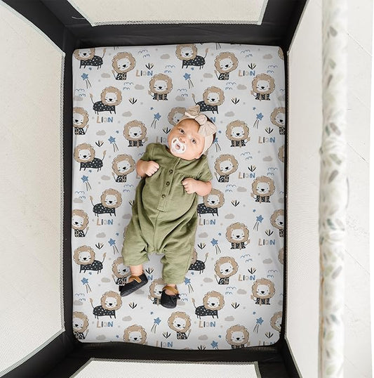Pack n Play Sheets, BROLEX 2 Pack Mini Crib Sheets,Stretchy Portable Fitted Playard Sheet Set, Convertible Playard Mattress Cover,Ultra Soft Breathable Material,Dinosaur Lion