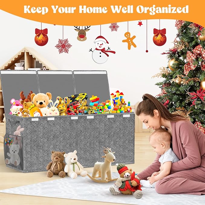 Beadsky Extra Large Toy Box, Toys Chest for Toddlers with Lids, Collapsible Toy Storage Organizer, Kids Bin Boxes Storage Basket for Boys, Girls, Nursery, Living Room, Playroom, 40"x14"x16", Gray