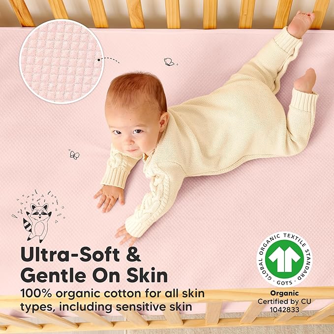 2-Pack Waterproof Crib Mattress Protector Cover Fitted - Quiet Baby Crib Mattress Pad Sheets, 52" x 28" Soft Quilted Cotton Baby Sheet, Machine Washable, Easy Fit, Durable (Mist Rose/Quin)