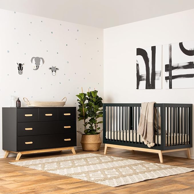 dadada Baby Soho 3-in-1 Convertible Wooden Crib to Toddler Bed - Made in Italy, GREENGUARD Gold Certified, Baby-Safe Finish, Handcrafted Beechwood, Modern Design, 3 Adjustable Heights (Black/Natural)