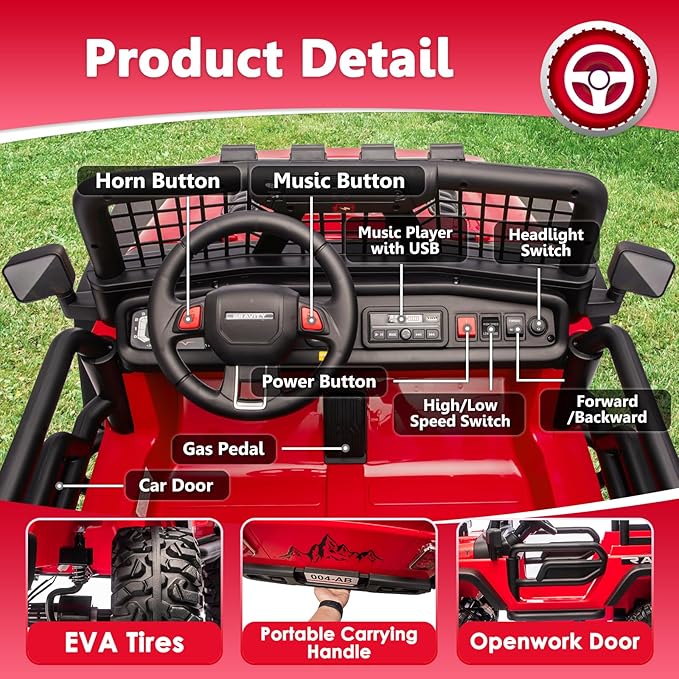 Sopbost 24V 7Ah 2 Seater Ride On Truck Ride On Toy for Big Kids Ride On Car with Remote Control Off-Road Electric Car with Shock Absorber, LED Lights, Bluetooth Music Player, EVA Tires, Red