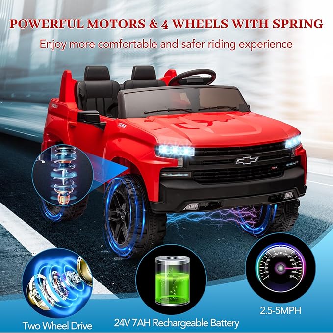 GarveeLife 24V 2-Seater Truck Licensed Chevrolet Silverado Ride On Car Kids Toy, Electric Vehicle Car for Toddlers with Parent Remote Control, Red