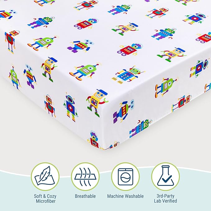 Wildkin Kids 100% Microfiber Crib Sheet – Soft, Breathable Fitted Sheet - Robots