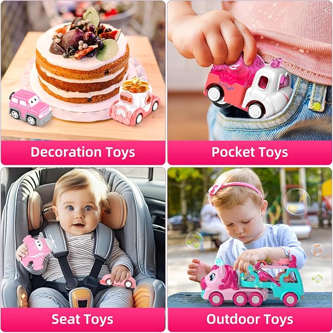 Truck Toys for 2+ 3+ Year Old Girls, 7-in-1 Carrier Truck Car for Toddler Girl, Cars Toys Age 2-4 with Light & Music, Birthday Gifts for 2 3 Year Old Girls
