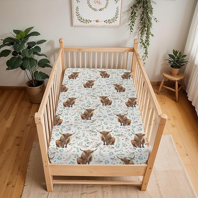 Floral Highland Cow Baby Crib Sheets for Boy Girl 28"x52" Cute Watercolor Cows Yak Cattle Soft Snug Fitted Crib Mattress Cover Spring Farm Animal Baby Sheet for Standard Crib & Toddler Bed Mattress