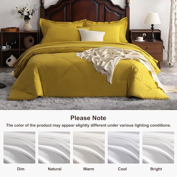 NTBAY Queen Comforter Set with Sheets, 7 Pieces Soft and Breathable Queen Bedding Set, Bed in a Bag, Down Alternative Comforter Set Solid Color All Season, Queen Bedding Set, Yellow