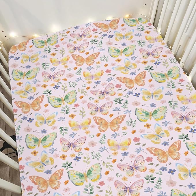 Watercolor Butterflies Spring Floral Baby Crib Sheets Boy Girl 52"x28" Pastel Flowers Leaves Soft Stretchy Fitted Crib Mattress Cover Easter Garden Baby Sheet for Standard Crib and Toddler Mattress