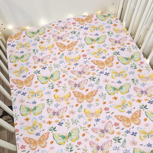 Watercolor Butterflies Spring Floral Baby Crib Sheets Boy Girl 52"x28" Pastel Flowers Leaves Soft Stretchy Fitted Crib Mattress Cover Easter Garden Baby Sheet for Standard Crib and Toddler Mattress