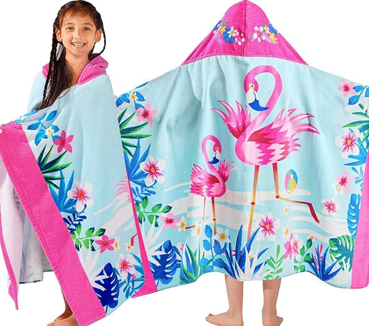 VOOVA & MOVAS Flamingo Hooded Towels for Girls Age 3-8, 30''X50, Soft | Thick |100% Cotton | Absorbent Wrap Towel, Perfect for Beach, Pool, Bath, Swim, Tropical Flamingo