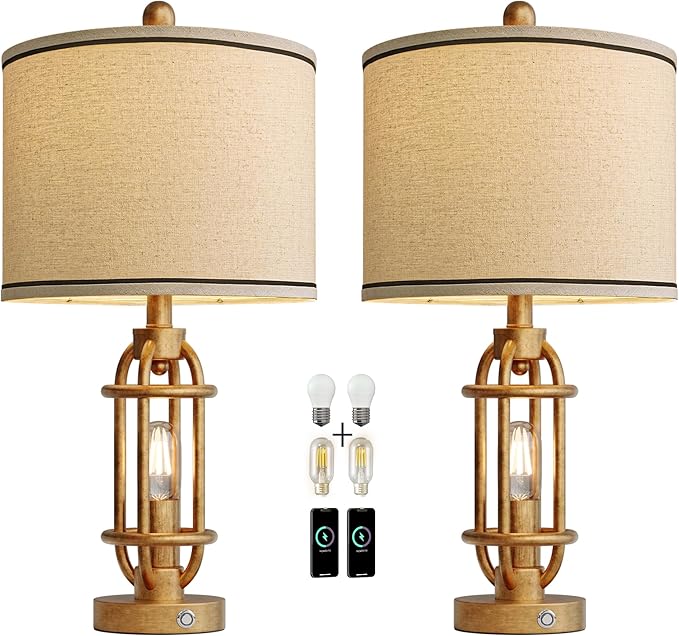 G-SAFAVA 23.75'' Table Lamps Set of 2 for Living Room Bedroom Industrial Farmhouse Metal Touch Lamps with USB A+C Ports, Night Light Vintage Nightstand Bedside Lamp, Bulbs Included, Antique Gold