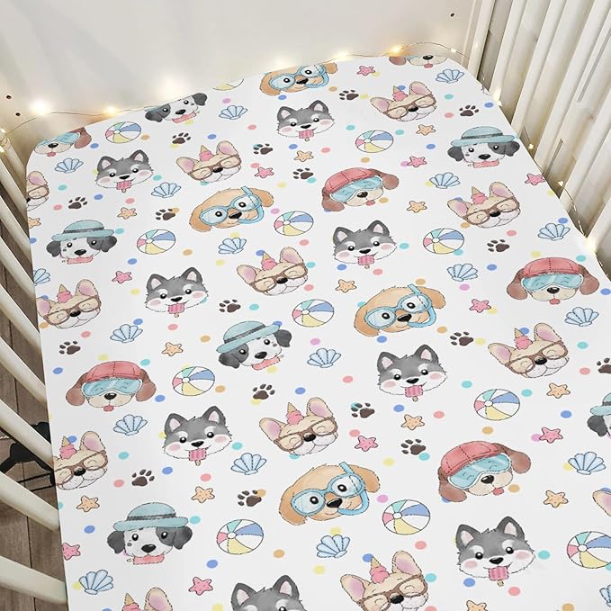 Summer Beach Fun Dogs Baby Crib Sheets for Boy Girl 28"x52" Cute Dog Vacation Soft Stretchy Fitted Crib Mattress Cover Dogs Lovers Gift Nursery Baby Sheet for Standard Crib & Toddler Mattress Pad