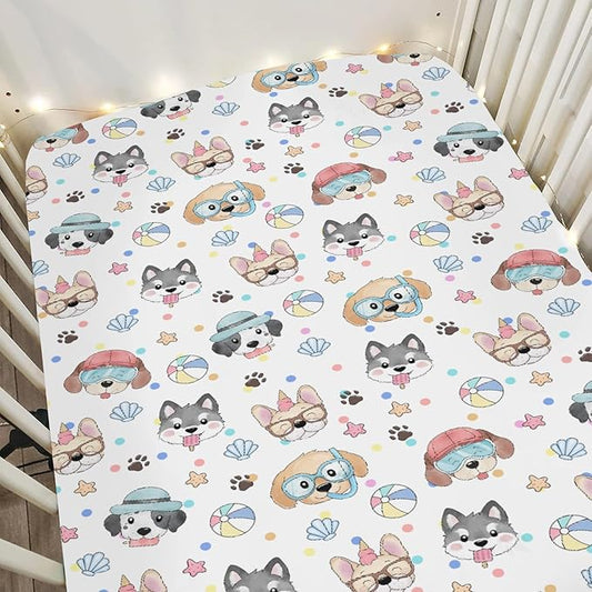 Summer Beach Fun Dogs Baby Crib Sheets for Boy Girl 28"x52" Cute Dog Vacation Soft Stretchy Fitted Crib Mattress Cover Dogs Lovers Gift Nursery Baby Sheet for Standard Crib & Toddler Mattress Pad