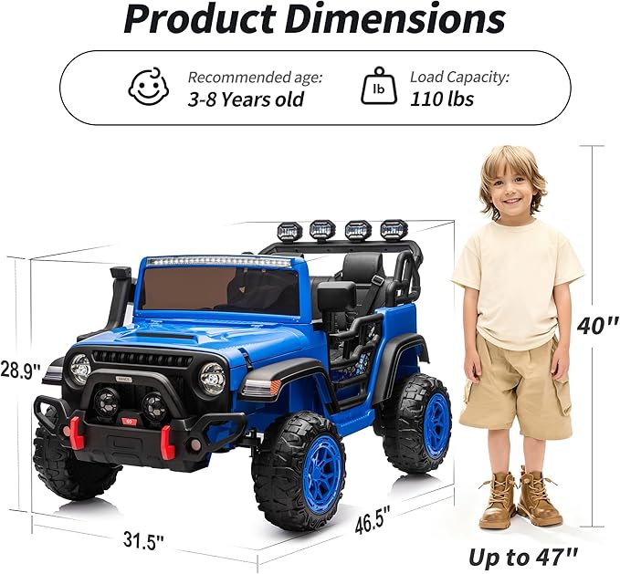 2 Seater Ride on Electric Car, 12V Ride on Toy Car for Kids 4-8 w/Remote Control, EVA Tires - Blue