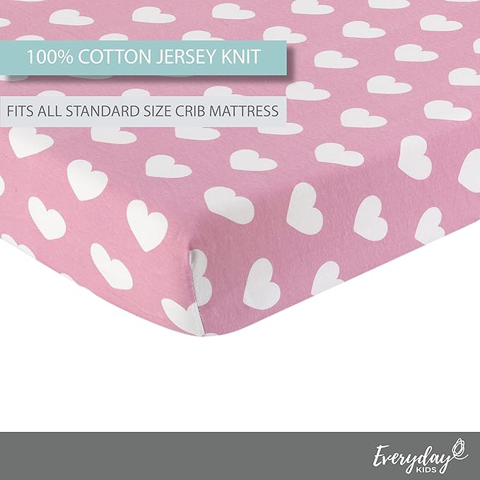 2 Pack Fitted Crib Sheets for Girls in 100% Jersey Knit Cotton – Baby Girl Crib Mattress Sheets in Pink and Purple Heart and Polka Dot Designs by Everyday Kids; Sweet Baby Girl Nursery Theme