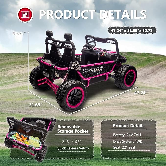 XXL 24V 7Ah 2 Seater Ride On Toy for Big Kids Ride On Car with Remote Control 4WD Kids UTV with 22" Seat, LED Lights, Bluetooth Music Player, EVA Rubber Tires, Spring Suspension, Pink