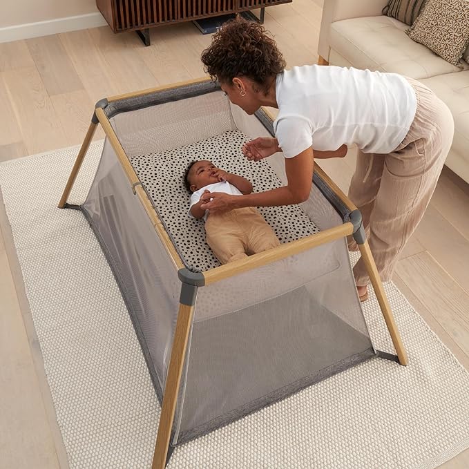 Tutti Bambini CoZee® Go 3-in-1 Bassinet, Baby Playpen & Travel Crib with Mattress Included - Lightweight, Breathable & Foldable Baby Play Pen from Birth to 3 Years (Oak & Charcoal)