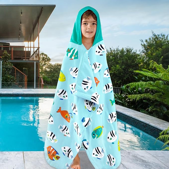VOOVA & MOVAS Kids Beach Towels with Hood,(3-8 Years, 30''X50),Absorbent 100% Cotton Towel Wrap for Boys, Perfect for Toddler Beach, Pool, Bath, Swimming, Fish