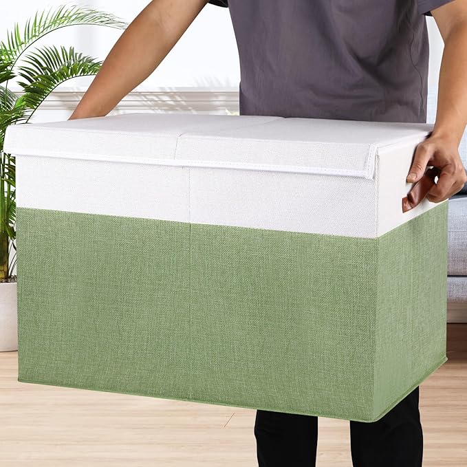 Gowee Large Toy Storage Box with Lid, Sturdy Toys Storage Chest Bin Organizer Basket with Dividers for Kids, Boys, Girls, Nursery, Closet, Bedroom, Playroom 26"x17" x17" (Green and White)