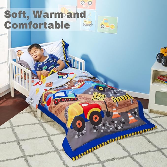 EVERYDAY KIDS 4 Piece Toddler Bedding Set - Under Construction - Includes Comforter, Flat Sheet, Fitted Sheet and Reversible Pillowcase