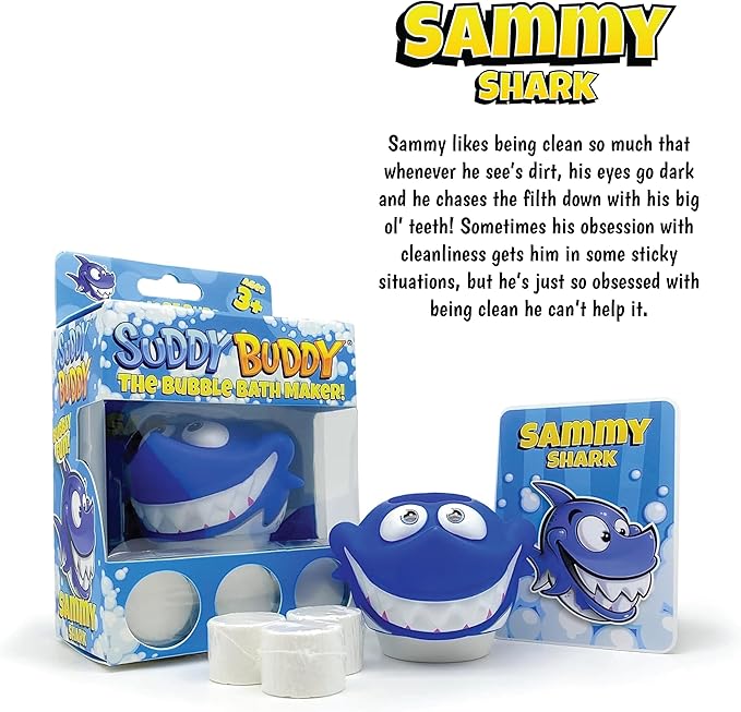 Suddy Buddy® Bubble Bath Toy, Kids Ages 3+, Boys and Girls, Safe & Clean, Collect All Four. Includes: 1 Character Bubble soap Dispenser, 1 Trading Card, and 3 Super Bubble Drops. Shark