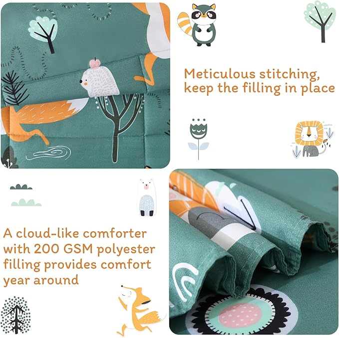 JSD Green Forest Animals Toddler Bedding Set, 4 Piece Bed-in-Bag Toddler Comforter Sheet Set, Machine Washable