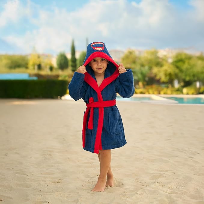 BAGNO MILANO Kids Organic Turkish Cotton Hooded Beach Cover-Up Towel, GOTS Certified, for Boys and Girls (Driver Navy, 5-6 Years)