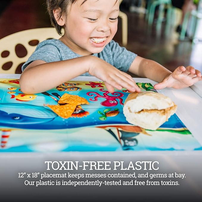 40 Pack Disposable Placemats for Baby, 3 Design Pack Baby Eating Mat, 12" x 18" Sticky Kids Placemat, Toddler Place mat for Restaurants, Plastic Kids Placemats for Dining Table