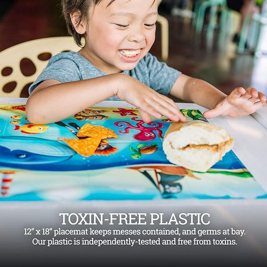 40 Pack Disposable Placemats for Baby, 3 Design Pack Baby Eating Mat, 12" x 18" Sticky Kids Placemat, Toddler Place mat for Restaurants, Plastic Kids Placemats for Dining Table