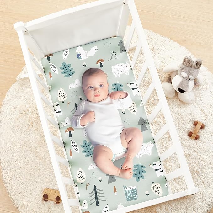 TILLYOU Baby Bassinet Sheets for Girls Boys, Fit for Hourglass Oval Rectangle Bassinet Mattress Sheets, 33”X16”, 2 Pack Jungle Walk and White Stripes