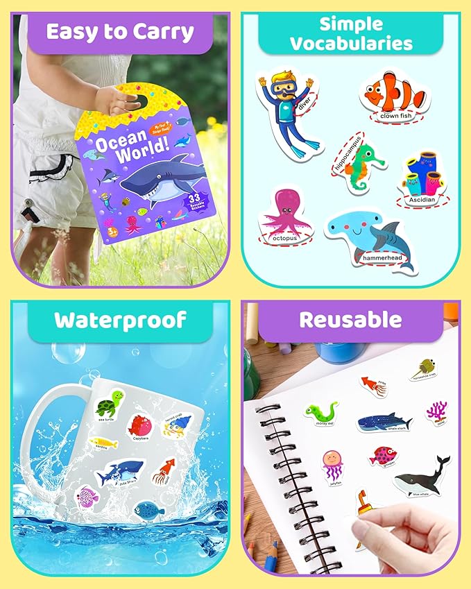 Benresive Reusable Sticker Books for Toddlers, Fun Travel Stickers for Kids, Toddler Sticker Book, Crafts Activities for Toddlers, 3 and Up Birthady Gifts - Ocean World