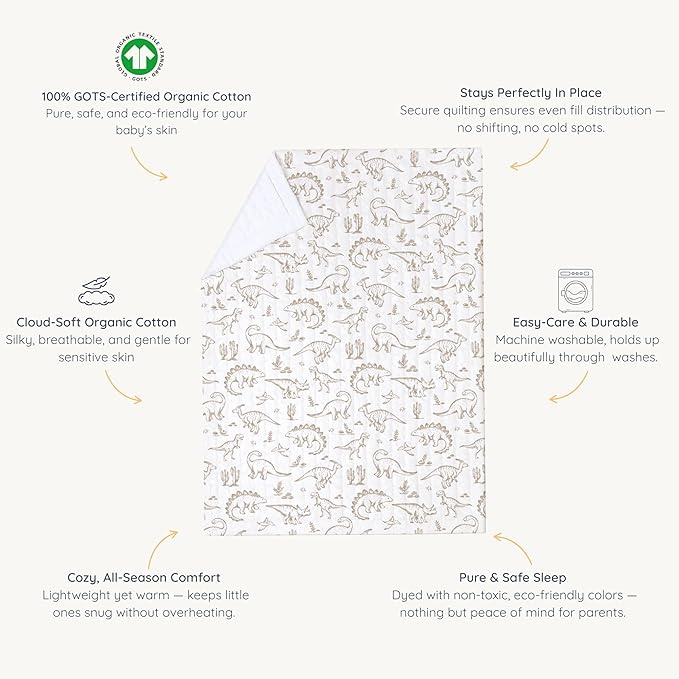 MakeMake Organics Organic Baby Comforter GOTS Certified Organic Kids Blanket Cotton Infill Tufted - Reversible Ultra Soft Breathable Boys Girls (30"x40", Dino Dreams)