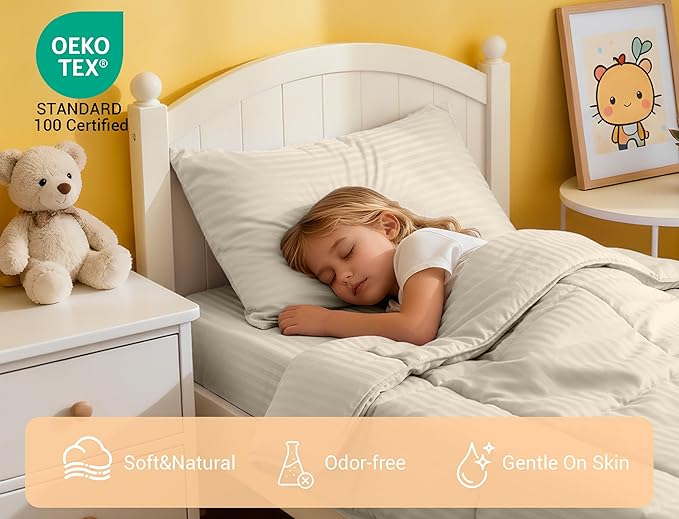 ZPECC Toddler Bedding Set - 4 Piece Hypoallergenic Baby Crib Bedding Set for Boys and Girls, Includes Toddler Comforter, Flat Sheet, Fitted Sheet and Pillowcase, Cream Stripe