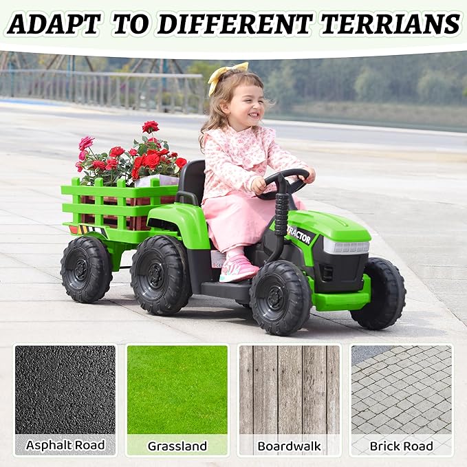 TOBBI Kids Electric Toy Tractor, 12V Battery-Powered Toddlers Ride On Car to Drive, Motorized Trailer Vehicle with 35W Dual Motor/6-Wheels/3-Speeds/LED & Horn Functions for Chirdren Aged 3-6-Green