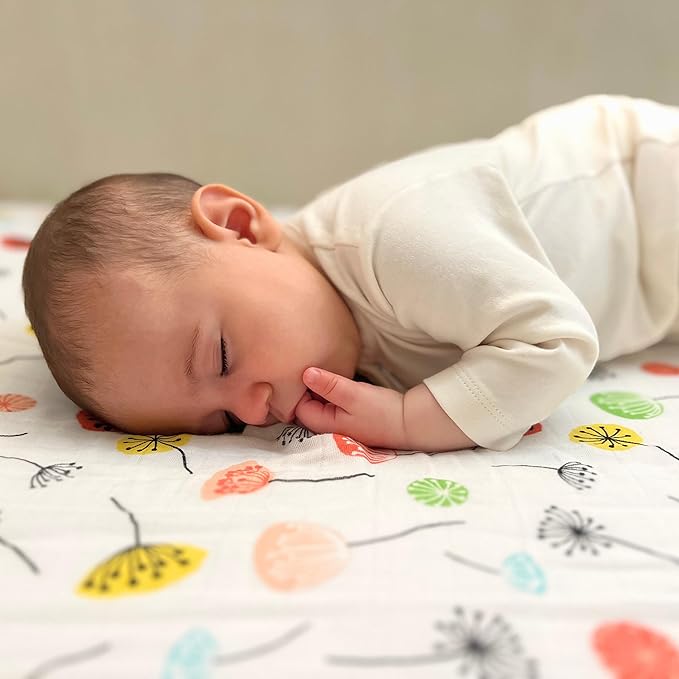 Margaux & May Organic Muslin Cotton Baby Crib Sheet, Dandelion Print, Fitted, Breathable, Toddler Bedding, 52 x 28, Deep Pocket, Organic Crib Sheets for Cozy Sleep
