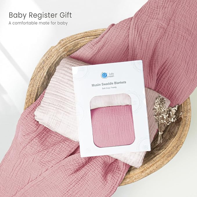 lulumoon Muslin Swaddle Blanket Baby - Cotton Swaddling Blanket Soft Baby Receiving Blankets Neutral 2Pack(Pink)