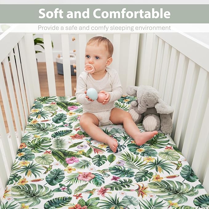 Tropical Flower Leaves Hummingbirds Baby Crib Sheets for Boy Girl 52"x28" Greenery Tropical Jungle Soft Snug Fitted Crib Mattress Cover Boho Summer Baby Sheet for Standard Crib & Toddler Bed Mattress
