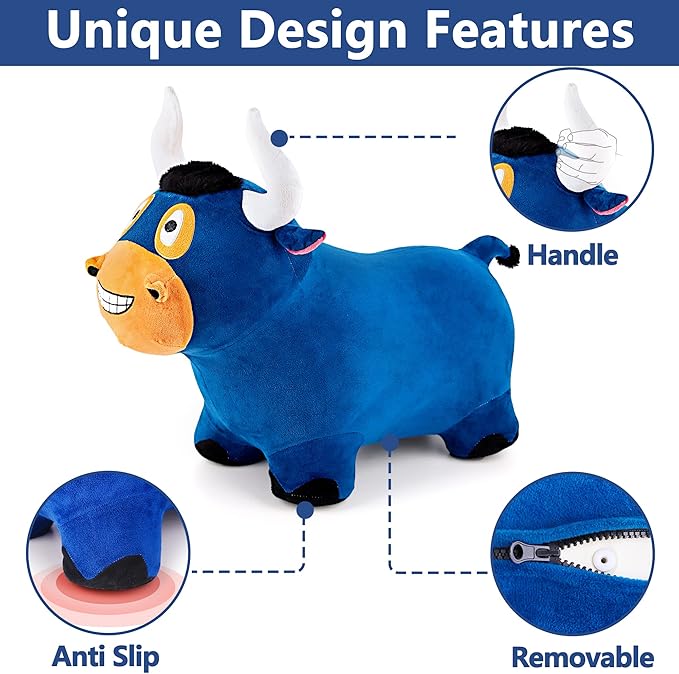 iPlay, iLearn Bouncy Pals Bull Hopping Horse, Plush Inflatable Animal Hopper, Indoor n Outdoor Ride on Jumping Bounce Toys, Birthday Gift for 18 Months 2 3 4 5 Year Old Kids Toddlers Boys Girls