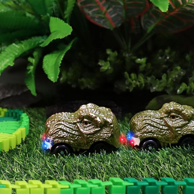 BEMITON Pack of 2 Dinosaur Car Toy - Birthday Gifts for 3 4 5 6 7 Year Old Boys Kids, Replacement Track Car with LED Light Up - Dino Accessories Compatible with Race Track Building Kits