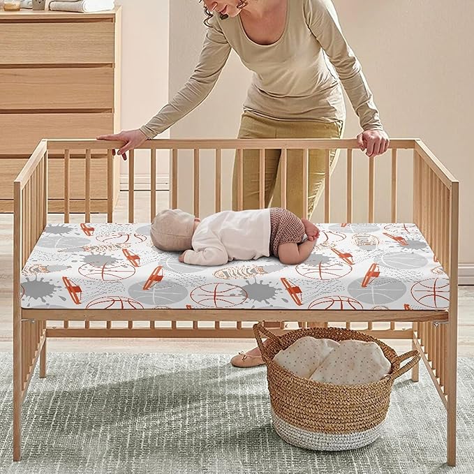 Basketball Fitted Crib Sheet for Boys Girls Balls Sports Baby Sheet for Standard Crib and Toddler Sneakers Basketball Frames Nursery Bed Mattress Sheets 28"x52"