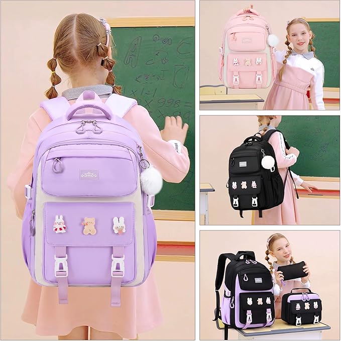 DIGOBAY 3PCS Girls Backpack for School, Kids Backpack for Girls with Lunch Box Pencil Case Set for Teen Girl Elementary Primary Middle High College School Bookbag with Cute Pins (Purple)
