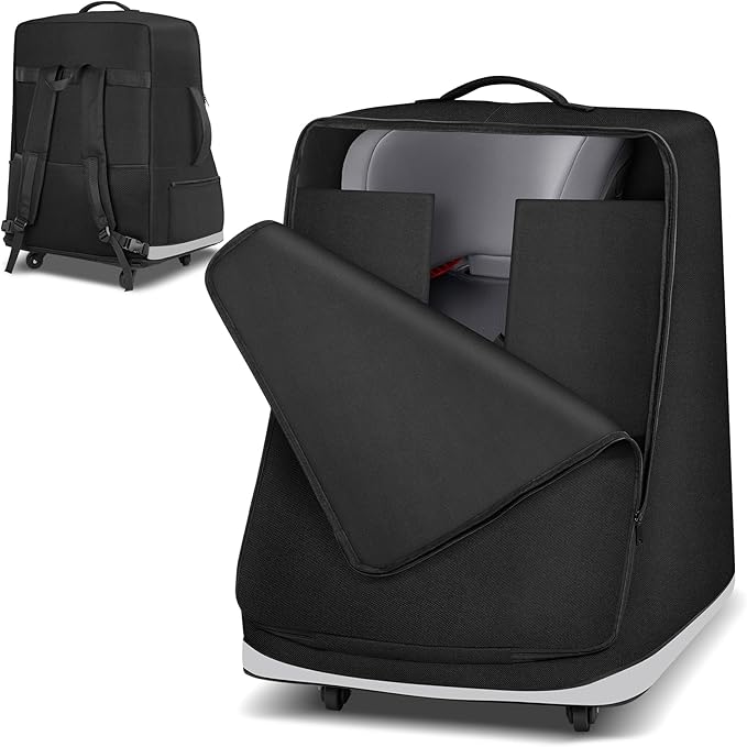 Automiim Car Seat Travel Bag for Airplane with Swivel Wheel, Extendable Height Padded Carseat Travel Backpack Large Storage Bag, Baby Infant Booster Seat Bags for Air Travel