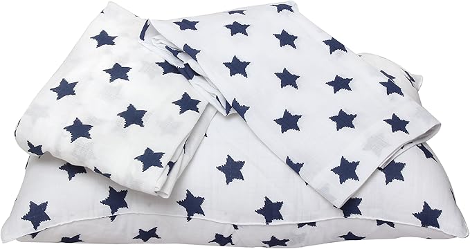 Bacati - Muslin Ikat Stars 4 Piece Boys Toddler Bedding Set 100 Percent Cotton Includes Reversible Comforter, Fitted Sheet, Top Sheet, and Pillow Case (4 pc Toddler Bedding Set, Navy Stars)
