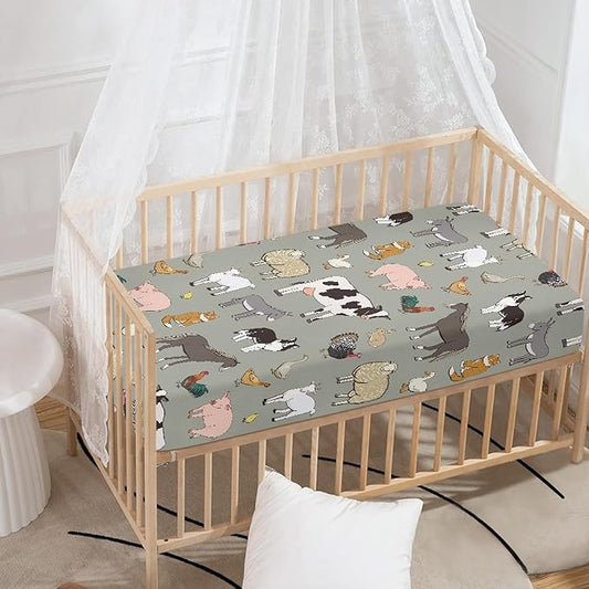Farm Animals Fitted Crib Sheet for Boys Girls Cow Sheep Rooster Pig Horse Baby Sheet for Standard Crib and Toddler Cute Animal Nursery Bed Mattress Sheets 28"x52"
