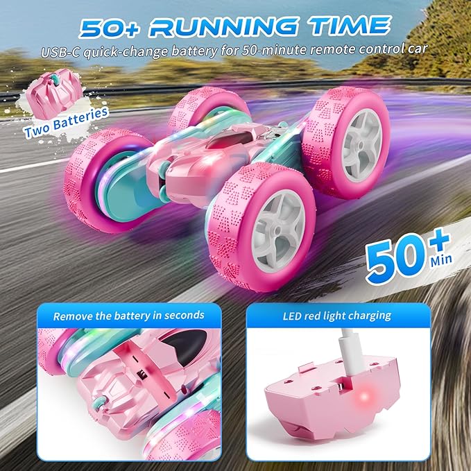 RC Car Pink 4WD Remote Control Car 360° Flip Double‑Sided LED Light Bar & Quick‑Swap USB‑C Modular Battery, 2.4 GHz No‑Interference Popular Outdoor Beach Toy, Popular Gift for Girls Ages 6‑12